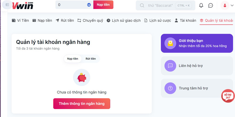 Nạp tiền VWIN qua tài khoản ngân hàng tốc độ và dễ dàng